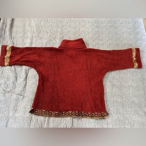 One-of-a-kind, hand-made, designer fleece sweater with tapestry accent - size L